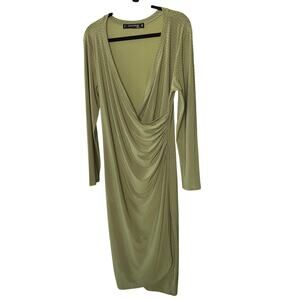 060 Laura Byrnes California 2X Green Polka Dot Ruched Long Sleeve Midi Dress